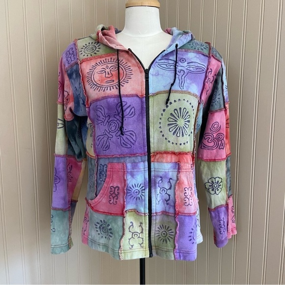 Source Unknown Tops - Tie Dye Patchwork Colourful 100% Cotton Zip Up Hoodie Women’s Size Small